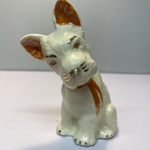 Vintage Scottish Terrier Scottie Dog Figurine Statue Ceramic White Gold 5” Tall - Picture 6 of 9